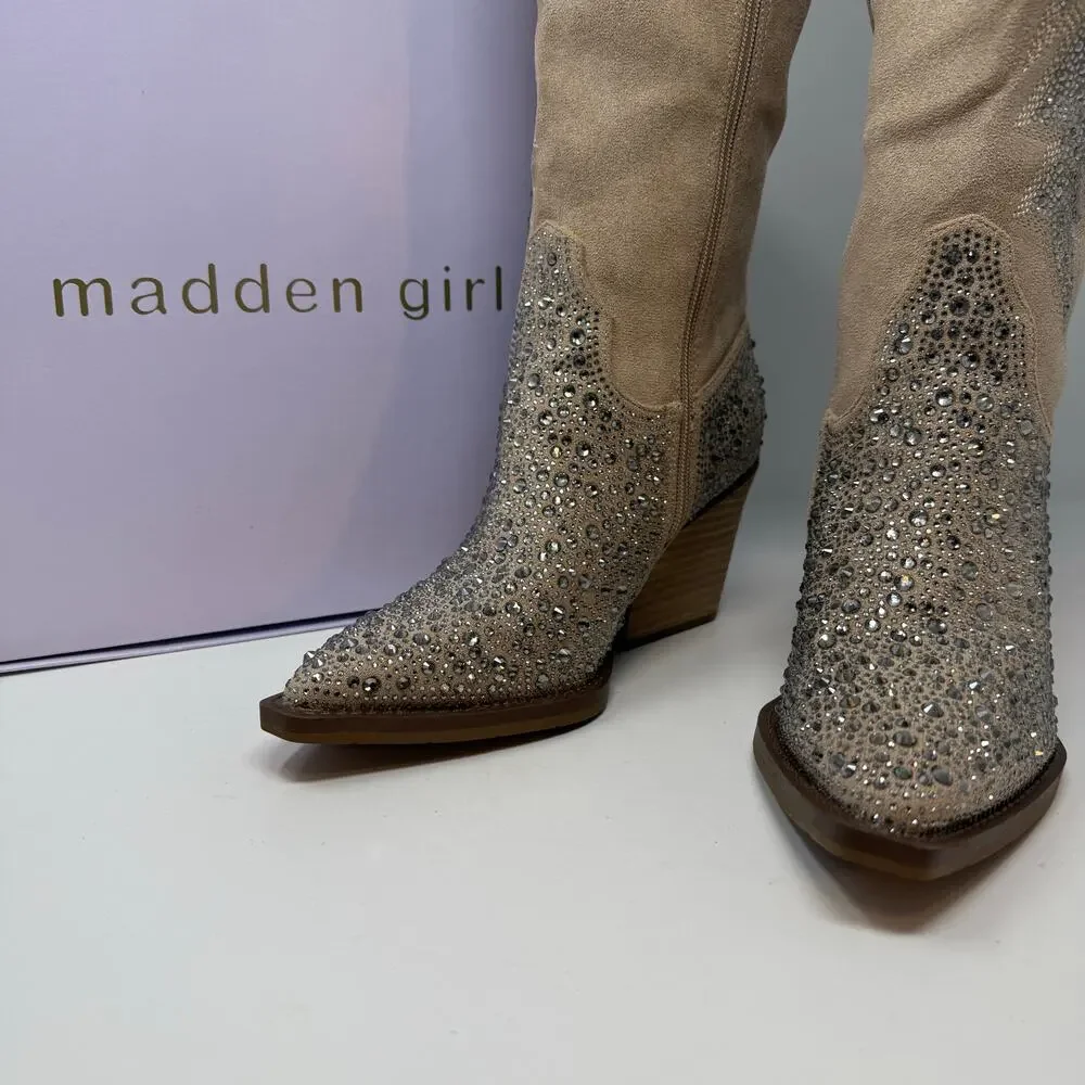 Madden Girl Apple Western Boots Womens 8 Sand Rhinestones Cowboy Boots NIB - Picture 2 of 15